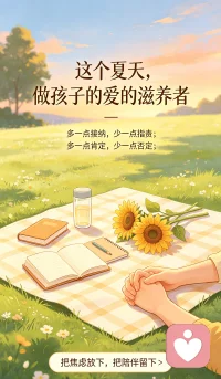 暑期已至，这是一段难得的可以按下暂停键的时光。作为家长，我们太容易陷入一种错觉：幸福在未来，在某个录取通知书里，在某份高薪工作里。我们忙着“托举”，却忘了孩子最底层需要的，其实是情感账户里的富足。
请给孩子阳光般爱的日照——那是放下手机后，看着他的眼睛听他说完废话的耐心；是没考好时，拍拍肩膀说“我知道你很难过，我们一起看看问题出在哪里”的承接，而不是一句冰冷的“怎么又考砸了”。无条件的积极关注，才能让孩子把根扎稳，长出真正的抗挫力。
请给孩子泉水般爱的滋润——那是允许他表达愤怒和脆弱的空间，是尊重他关上房门的权利，是看见他独特的闪光点，而不总是拿“别人家的孩子”来比较。情感被充分看见和接住的孩子，才会由内而外地生出“我很贵，我值得”的底气。这种底气的名字，就叫“感受爱的能力”。