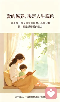 暑期已至，这是一段难得的可以按下暂停键的时光。作为家长，我们太容易陷入一种错觉：幸福在未来，在某个录取通知书里，在某份高薪工作里。我们忙着“托举”，却忘了孩子最底层需要的，其实是情感账户里的富足。
请给孩子阳光般爱的日照——那是放下手机后，看着他的眼睛听他说完废话的耐心；是没考好时，拍拍肩膀说“我知道你很难过，我们一起看看问题出在哪里”的承接，而不是一句冰冷的“怎么又考砸了”。无条件的积极关注，才能让孩子把根扎稳，长出真正的抗挫力。
请给孩子泉水般爱的滋润——那是允许他表达愤怒和脆弱的空间，是尊重他关上房门的权利，是看见他独特的闪光点，而不总是拿“别人家的孩子”来比较。情感被充分看见和接住的孩子，才会由内而外地生出“我很贵，我值得”的底气。这种底气的名字，就叫“感受爱的能力”。