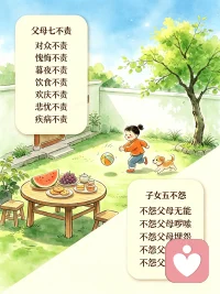 七不责，五不怨：是父母的必修课，是老祖宗留给每个家庭的两张分寸清单

做了这么多年咨询，听过太多家庭的故事，发现亲子之间的矛盾，十有八九不是不爱，是不会挑时候说话。

明代思想家吕坤在《呻吟语》里留过一段话，叫七不责——孩子犯了错，哪些时候不要责？他总结了七个时刻。几百年前的老智慧，放到今天依然戳心。

【父母对孩子 · 七不责】
一不责，对众不责——当众给孩子留点体面。公开场合被骂的孩子，记住的不是道理，是羞耻。 
二不责，愧悔不责——他已经知道错了，就别再补刀。愧疚本身，就是最好的老师。
三不责，暮夜不责——睡前别算账。带着沮丧入睡的孩子，梦里都是白天没说完的委屈。
四不责，饮食不责——饭桌不训话。胃要暖，心也要暖，别让孩子每一口饭都就着压力咽下去。 
五不责，欢庆不责——他正高兴时，别泼冷水。快乐被打断，比犯错更伤人。
六不责，悲忧不责——他难过时，一个拥抱，胜过一百句道理。
七不责，疾病不责——生病时人最脆弱。先把病养好，道理可以晚点再讲。

【子女对父母 · 五不怨】
一不怨，父母无能——他们已经在自己的能力范围内，把能给的最好的都给了你。
二不怨，父母啰嗦——这世上只有真爱你的人，才会反复叮嘱你吃没吃饭、睡没睡觉。
三不怨，父母埋怨——他们的抱怨里，藏着怕你走老路的那份担心。
四不怨，父母迟缓——他们不是变慢了，是变老了。等等他们，就像当年他们等你长大。
五不怨，父母生病——他们陪了你前半生，也请让他们安心走完后半程。

说到底，这十二条不是规矩，是分寸。是我爱你，但给你空间的分寸； 是我懂你，所以挑对时候说话的分寸。家庭里最高级的修养，是管住自己想说话的冲动，在对方最需要的时候，说出那句对的话。

你家的七不责，做到了几条？ 你愿意对爸妈做到的五不怨，又是哪一条？配图