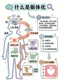 躯体化：是指一个人将心理或情绪上的困扰（如焦虑、抑郁、压力、内心冲突等），以身体症状的形式表现出来，但在医学检查中却找不到明确的器质性病变（即身体器官没有实质性损伤或疾病）。
你可以把它理解为：心理问题在“说身体的语言”。身体成了表达心理痛苦的媒介。配图
