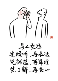 在與他人交流時，先傾聽對方的話語和想法，能夠讓我們更好地理解他們的立場、需求和情感。在充分傾聽的基礎上再表達自己的觀點，會使我們的發言更有針對性和合理性，也更容易被對方接受。

而在選擇交往對象時，先進行一定的篩選，觀察對方的品德、價值觀和行為方式，判斷是否與自己契合。然后再決定是否靠近，這樣可以避免盲目投入時間和感情，減少不必要的麻煩和傷害。

在建立深厚的關系之前，先全面了解對方的性格、經歷、喜好等方面，能夠為交心打下堅實的基礎。只有當我們對一個人有了足夠的認識，知道彼此的契合點和可能存在的問題，才能夠放心地敞開心扉，建立真正的心靈交流。配圖