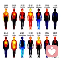 #身體情緒熱量圖#?圖片是受調查者填出的一張“身體表情圖”，它展示了當人們呈現不同情緒時，身體哪些區域會產生感覺，受調查者在感受到情緒增強時填暖色，感受到情緒減弱時填冷色。配圖