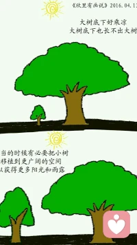【欣里有畫說】~~大樹底下~~
大樹底下好乘涼，
大樹底下也長不出大樹。
適當的時候有必要把小樹移植到更廣闊的空間，
以獲得更多的陽光和雨露！	???[/cp]配圖