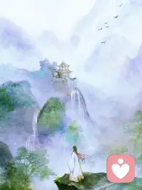 云天之下，青巒之望。高寺聳山，飛瀑掛川。眾鳥翔空，數樹臨涯。風吹云動天不動，青絲拂繞，衣袂飄飄，仙氣盈袖。景催人醉影不醉，心思涌動，詩意瀟瀟，佳境泌心。盼一簾煙雨，添足一分韻，望一夕霞暉，興足一番致。良辰終可期，山水不相負，心定于禪，人安于老，不負韶華，不違天道。配圖