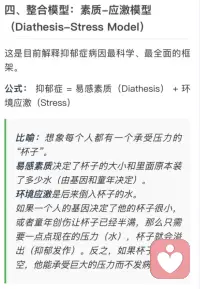 Day 10 | revisit：抑郁症不是“想不开”，而是一场多维度的相遇

重新温故了抑郁症的病因学，尤其是那个经典的素质-应激模型。虽然这些理论以前都学过，但每次在临床视角下重新审视，都会有新的体悟。这确实是目前解释抑郁症成因最科学、也最全面的框架。

就像图1里那个生动的比喻：每个人心里都有一个承受压力的“杯子”。易感素质（比如基因、童年经历）决定了杯子的大小和原本装了多少水，而环境应激（比如失业、失恋）则是后来倒入的水。如果杯子本来就小或者已经半满，哪怕只加一点点水，也会溢出（抑郁发作）；反之，如果杯子很大且空，就能承受巨大的压力而不生病。

这也提醒我们，不能简单地认为一个人有家族史就一定会得抑郁症。家族病史确实会带来影响，但这只是其中一个维度。成年之后的生活环境、遇到的应激事件，同样起着关键作用。反过来说，如果一个人后续的生活环境比较稳定、没有遭遇重大的应激事件，我相信他是可以随着生活的变化，走向一个良好的发展状态的。

除了心理和社会因素，生物学机制也是我们在个案评估中不能忽视的一环。图2是我重新梳理的几个高频神经递质：五羟色胺、去甲肾上腺素、多巴胺。

五羟色胺像是情绪的稳压器，它少了，人就容易情绪低落、失眠焦虑；

去甲肾上腺素像是身体的发动机，它少了，就会觉得没电了、反应迟钝；

多巴胺则是快乐的奖赏官，它少了，就会出现“快感缺失”，以前喜欢的事现在都觉得没意思了。

结合今天复盘的一个案例（遵循伦理前提下的虚拟来访者），35岁的程序员张先生，最近被裁员了，随后出现了失眠、早醒、自我评价很低的情况，最终被确诊为抑郁症发作。

在咨询初期，我们需要做一个对话收集，也就是建立个案概念化，去系统地识别他的病因。面对张先生，我们首先要做的是接纳他的痛苦，让他感受到被听见。然后去了解他是否有生物学的家族史、家人情况，以及社会层面的因素——比如这次失业。

同时也会关注他的心理因素，张先生自述自己的负性思维比较强，对过往、对未来、对周围的世界都持有一种比较负面的评价。这其实就对应了贝克认知模型中的“认知三角”，我们可以通过认知评估来验证这些念头，从而更准确地理解他的困境。

把这些病因的解释作为治疗联盟建立的基础，其实有一个很重要的意义——它能增加来访者的控制感。当他明白“原来我不是莫名其妙地垮掉的，而是多种因素叠加的结果”，那种无助感和自责感会减轻很多。
