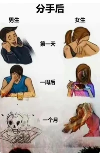 據(jù)說，這是一個(gè)男生和一個(gè)女生分手后的狀態(tài)，很多人表示描述得非常形象。

不怕大家笑話，我好像只看懂了“第一天”和“一周后”兩人的不同反應(yīng)，接下去的完全看不明白，只感覺越看越嚇人。

不知道該作者經(jīng)歷了什么，反正換成我只有一個(gè)原則，現(xiàn)實(shí)生活里如果對方提了分手，那就絕不挽留，會(huì)難過一段時(shí)間，也偶爾會(huì)想起他，但該干嘛還是會(huì)繼續(xù)干嘛。

那些為情所困不吃不喝要S要活的行為根本理解不了，兩條腿的人很難找嗎？配圖