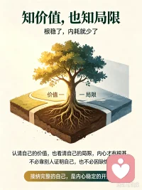 知价值，也知局限，内心才会扎根
 
人很多时候的内耗，都来源于两个极端：要么过度放大自己的能力，接受不了一点失败；要么全盘否定自己，看不见身上本有的光亮。
 
我们总在和别人对比，拿他人的长处拷问自己的短板，又用理想中的完美标准，苛责真实的自己。于是情绪来回拉扯，一会儿觉得自己无所不能，一会儿又深陷自卑，在自我怀疑里反复消耗。
 
真正内心稳固的人，是清醒地看见自己的价值，明白自己拥有什么、擅长什么，不必靠别人的认可来证明自己；同时也坦然接纳自身的局限，懂得有些事本就做不到，有些缺憾本就属于人生。
 
不必强求事事圆满，也不用因为做不好某件事，就推翻全部的自我。看见光芒，也允许缺口存在。当你既能肯定自己，也懂得放过自己，内心便扎下了深根。外界的评价、一时的得失，就很难再轻易动摇你，内耗与自卑，自然会慢慢消散。