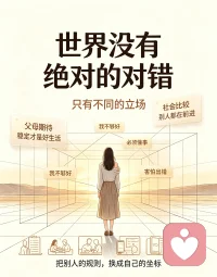 成年人最大的觉醒：世界没有对错，只有立场✨
 
心理学中有个概念叫内化规则：
我们童年会无意识吸收身边所有人的价值观，把别人的标准，变成自己的“道德律法”。
 
这些规则，不只来自父母。
还有老师的评价、亲友的观念、社会集体的标准、世俗的成功模板。
 
从小到大，我们被不断输入一套“标准答案”：
要懂事、要稳定、要体面、要合群、不能出错、不能叛逆、要活成别人眼里的优秀。
 
我们终其一生，都在遵守别人的立场，却从未建立自己的人生坐标。
 
很多人的内耗、焦虑、自我否定，根源都在这里。
 
现实里太多人的痛苦，高度相似：
 
有人明明热爱自由、喜欢尝试，却被规训“安稳最重要”，于是不敢换工作、不敢突破，每天内耗压抑；
有人性格敏感善良，却从小被要求“要强、懂事、不能脆弱”，情绪只能自我消化，常年疲惫崩溃；
有人适合慢节奏生活，却被家人、社会推着攀比收入、地位、进度，永远无法真正松弛。
 
心理学客体关系理论指出：
人早期的认知模板，都是他人视角的投射。
 
父母的规则，源于他们的年代局限、人生遗憾、面子需求、控制需要；
老师的标准，源于管理便利和集体秩序；
社会的标准，源于时代当下的利益与主流审美。
 
他们未必是错的，但都不是为“你量身定制”的。
 
很多长辈口中的“为你好”，拆解开来往往是：
希望你听话、省心、稳定、不给别人添麻烦、活成他们期待的样子。
 
但时代早就变了。
几十年前的生存逻辑，撑不起现代人的幸福。
旧的规则解决旧的问题，解决不了你的人生。
 
真正的心理成熟，是完成规则解绑：
 
不再把别人的立场，当成世界的真理；
不再用别人的标准审判自己的人生；
不再因为不符合世俗模板，就自我否定。
 
你慢慢会明白：
这个世界没有绝对的对错，只有不同的立场。
 
有人追求安稳，有人渴望成长；
有人重视体面，有人重视开心；
有人喜欢规规矩矩，有人适合自由生长。
 
立场不同，选择不同，结论自然不同。
 
当你看懂这一点，会获得两种巨大的心理自由：
 
✅对内：不再自我苛责
我不必按照任何人的模板活着，我可以建立属于自己的价值观、节奏、人生规则，允许自己成为自己。
 
✅对外：真正拥有包容力
不再轻易评判他人、不再纠结谁对谁错。你。你理解每个人的行为，都源于他的成长背景、认知局限、所处立场。
 
放下对错执念，人生瞬间开阔。配图