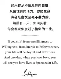 如果你從不情愿轉向自愿，
從惰性轉向活力，
你的生命將會是喜悅且毫不費力的。配圖