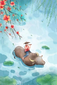 清明時(shí)節(jié)雨紛紛，路上行人欲斷魂。
借問(wèn)酒家何處有？牧童遙指杏花村。配圖