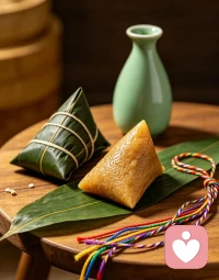 五色新丝缠角粽，菖蒲美酒共清
欢，一遇端阳，岁岁安澜。配图