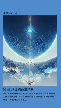 月亮的藍(lán)風(fēng)暴
今天的共時(shí)頻率要提醒我們的，
就是這股可以讓自己全然交托出去的勇氣。
這就像在大海中玩沖浪游戲，
你只能把基本的姿勢(shì)擺好，
預(yù)先觀察好風(fēng)浪的走勢(shì)；
然后就將自己完全地交托出去，
交托給大海，
交托給每一波在你眼前生起的大浪，
勇敢地乘風(fēng)而行。

今天的共時(shí)發(fā)生——
今天的我們也許會(huì)很想要整理東西，
或是調(diào)整家里的布置，
今天也有可能會(huì)有突發(fā)狀況出現(xiàn)
或許產(chǎn)生想要改變的想法
尤其在關(guān)系層面上想要做出某些決定，
或是改變
。。。。。。

今天的調(diào)頻方法——
調(diào)整物品，人事，工作，
讓舊有狀態(tài)打掉重來，
把原有的東西做一次新的排列組合。
當(dāng)我們感受到這些煥然一新的能量時(shí)，
生命就會(huì)再次提升晉級(jí)啦。
就像暴風(fēng)雨后的天空，
總是特別的清爽。配圖