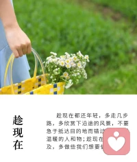 趁現在還年輕，多走幾步路，多欣賞下沿途風景，不要急于抵達目的地，而錯過流年里溫暖的人和物；趁現在都還來的及，多做些我們想要做的事，溫暖治愈……配圖