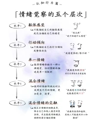 情緒|情緒覺察的5個水平
第1層|軀體感覺
只能描述自己的軀體感覺，或者無法形容自己的感受。
“我頭疼”/“我不知道自己什么感覺”(說不清楚)

第2層行動傾向
只能描述自己的行為傾向或整體狀態。用詞通常不是專門用來描述情緒的。
例如“我感覺很好/很不好(但不能細說)”

第3層單一情緒
能將情緒體驗為一種心理感受，可以對情緒進行描述，例如可以描述初級情緒:開心、憤怒、悲傷、厭惡，但描述的詞匯相對單一的、刻板

第4層混合情緒
能同時體驗到兩種彼此對立，或明顯不同的情緒，情緒體驗更加復雜、連貫，例如“我很悲傷的同時也懷著希望”

第5層混合情緒的交融
能同時體會自己和他人感受的復雜性;
能區分情緒間的細微差異，使用新穎或獨特的語言描述情緒感受配圖