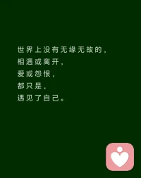 有人喜歡你，
那是他在你身上，
照見了他喜歡的特質，
跟你無關。
你淡然面對，
并做回自己。

有人討厭你，
那是他在你身上，
投射到他排斥的自己，
跟你無關。
你坦然面對，
并做好自己。

有人欣賞你，
那是他透過你，
碰撞了內在的自己，
跟你無關。
你欣然面對，
并平靜做自己。

世界上沒有無緣無故的，
相遇或離開，
愛或怨恨，
都只是，
遇見了自己。配圖