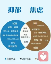焦虑就像是，明天要上台演讲，今晚辗转反侧，心跳加速，担心自己出糗，是对未来不确定性的恐惧。

而抑郁呢，如同在阴天的海边，心里沉甸甸的，觉得生活毫无意义，过去喜欢的事也提不起劲，是对自我和世界的消极认知。​