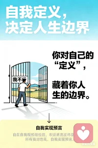 你对自己的‘定义’，藏着你人生的边界。心理学中的‘自我实现预言’告诉我们：当你相信自己能成为什么样的人，便会不自觉朝那个方向行动——别让‘我不行’先锁死了可能性。