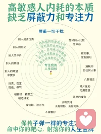 未來(lái)十年，最稀缺的能力是長(zhǎng)時(shí)間專(zhuān)注力，你擁有它，就能超過(guò)99％的同齡人，高敏感人如果能屏蔽掉外界干擾，把更多精力放在專(zhuān)注自己的目標(biāo)，就能走到更高的階層找到真正適合自己的環(huán)境。努力的意義是為了擁有可以選擇和拒絕的底氣“哪些事我不喜歡做，我可以馬上拒絕哪些人我不喜歡，我可以馬上離開(kāi)配圖