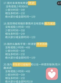 測一測了解一下自己當下的情緒狀態
抑郁自評量表SDS為美國教育衛生福利部推
薦的用于精神藥理學研究的量表之一。使用簡便，能相
當直觀地反映病人抑郁的主觀感受及其在治療中的變化，
當前已廣泛應用于抑郁癥測試。表含有20個項目，分為4
級評分,測試者通過測試就可以快速了解自己是否存在抑
郁癥以及抑郁癥的程度如何。抑郁表現:
持久的心境低落，悶悶不樂，自卑抑郁，甚至悲觀厭世
嚴重者可出現幻覺、妄想等精神病性癥狀。
每次發作持續至少2周以上，多數病例有反復發作的傾
向，每次發作大多數可以緩解。
不知道怎么緩解可以找我配圖