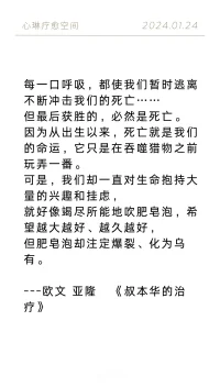 每一口呼吸，都使我們暫時逃離不斷沖擊我們的死亡……
但最后獲勝的，必然是死亡。
因為從出生以來，死亡就是我們的命運，它只是在吞噬獵物之前玩弄一番。
可是，我們卻一直對生命抱持大量的興趣和掛慮，
就好像竭盡所能地吹肥皂泡，希望越大越好、越久越好，
但肥皂泡卻注定爆裂、化為烏有。

-------歐文 亞隆   《叔本華的治療》配圖