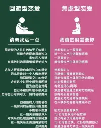对于回避型依恋人格而言，你所有的情话所有的告白，在他那里得到的都是质疑。

他们本质上并不相信这世上有真爱，你没有听错，他们是完完全全地不相信。

即使你对他特别关心，表达出来特别喜欢他，不好意思，他不需要。

回避型依恋人格的人，并不需要自己的另一半像父亲母亲一样去关心他照顾他，他们更喜欢独立意识很强的伴侣。

如果你特别粘人，特别容易焦虑，那你一定会被回避狠狠地伤害。配图