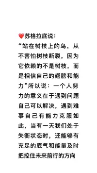 ??蘇格拉底說：

“站在樹枝上的鳥，從不害怕樹枝斷裂，因為它依賴的不是樹枝，而是相信自己的翅膀和能力”

?所以說：一個人努力的意義在于遇到問題，自己可以解決，遇到難事，自己有能力克服。

?如此，當有一天，我們處于失衡狀態時，還能夠有充足的底氣和能量，及時把控住未來前行的方向！一??肖老師配圖