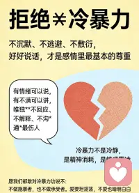 冷暴力的真正危害：比吵架更伤人的精神消耗

1. 摧毁安全感
明明人在身边，却像隔着一堵墙，沉默、无视、敷衍，会让人长期处在焦虑、自我怀疑里。

2. 否定自我价值
你会不断想：“我哪里错了？”“是不是我不够好？”
冷暴力最狠的地方，是让你慢慢否定自己，变得自卑、敏感、不敢表达。

3. 消耗情绪与健康
长期憋着委屈、失眠、胸闷、内耗严重，
看似没动手没骂人，却在一点点掏空你的精神和身体。

4. 彻底杀死感情
吵架是在解决问题，冷暴力是在杀死关系。
不沟通、不回应、不负责，再深的爱，也会被冷得结冰、凉透。

5. 制造心理创伤
被长期冷对待的人，容易留下阴影：
不敢再信任、不敢再投入、不敢再好好爱人。

一句话总结：
冷暴力不是冷静，
是最隐蔽、最懦弱、最伤人的精神暴力。
爱你的人，舍不得用沉默惩罚你。配图