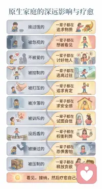 我们终其一生，都在弥补童年。


挨过饿的人，一生都在囤积物质；
被忽视的人，一生都在渴求被看见；


不被爱的人，一生都在卑微讨好；
被控制打压的人，一生都在追逐认可；
没有后盾的人，凡事都先权衡利弊；


在恐惧里长大的人，永远带着小心翼翼的不安。
小时候缺失的所有，我们都会不自觉地，用往后半生去填补。

但你要明白：
过往的烙印，不是你的宿命。

看见伤痛，接纳自己，才是疗愈的开始。
你不必用一生偿还童年的遗憾，你可以重新养育自己。配图
