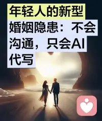 年轻人新型婚姻隐患：不会沟通，只会AI代写

现在很多年轻婚姻，藏着一种温柔又致命的内耗。

吵架不辩解、冷战不沟通、情绪不表达，所有道歉、解释、求和的温柔话术，全靠AI生成。

一字一句体面完美，逻辑滴水不漏，却唯独没有真心。

不可否认，AI能帮我们梳理情绪、规避争吵、高效化解表层矛盾，是很好的辅助工具。

但婚姻最珍贵的，从来不是无瑕疵的标准答案，而是人与人真实的情绪碰撞。

是笨拙的解释、真诚的低头、带着温度的包容，这些不完美的真情，是AI永远复刻不了的。

久而久之，我们习惯用机器代替真心，两个人看似无话不谈，实则渐行渐远，情感缝隙越来越大。

当沟通能力彻底退化，再好的话术也填不满婚姻的空洞。

经营婚姻从不是照搬模板，而是学会真诚相拥。

如果不懂相处、不会沟通，不必硬扛，也不必依赖AI，试着寻找真人专业帮助，找回爱人与被爱的能力✨配图