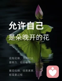允许自己做一朵晚开的花，不必追赶旁人的花期✨

       花各有期，人各有时运，踏实努力就好，不必焦虑慌张。

不必羡慕别人早早绽放，每一份盛开都需要沉淀的过程。

慢慢扎根，静静蓄力，属于你的盛放，早晚都会如约而至。

       接纳自己的节奏，耐心等待，时光终会回馈所有默默坚持。
 
#自我接纳 #心灵成长 #慢下来生活 #治愈自己