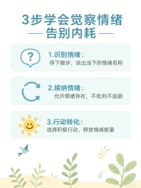 3步學會覺察情緒|告別內耗

為什么你總是被情緒牽著走？ 因為缺少“覺察”這一步！ 情緒不是問題，無意識反應才是！ 今天手把手教你[情緒覺察法]，從“上頭”到“看透”，清醒掌控生活！ 

第1步:暫停！先感知你的情緒信號立刻喊停:吵架/焦慮/委屈時，心里默念“停！”,哪怕只停3秒。

掃描身體: 
胸口堵？手發抖？喉嚨緊？情緒在給你發“報警信號”。
閉眼深呼吸(4秒吸氣-7秒屏住-8秒吐氣)， 把魂兒拽回身體里

場景舉例: 
和男友吵架快哭時，先摸心口:“我現在胃揪成一團，呼吸好快....” 

第2步:精準命名！給情緒“貼標簽” 

別只說“難受/不開心”！
用情緒詞典拆解: 
基礎款:開心/生氣/害怕/委屈/嫉妒
進階款:焦慮=恐懼+不確定感
孤獨=渴望聯結+自我封閉
打分0-10:“這次生氣的殺傷力有8分！” 

場景舉例: 
被同事搶功勞“不是生氣，是‘不甘心+不被尊重的憤怒’，強度6分！” 

第3步:不評判！挖出情緒背后的“暗線” 
默念接納口訣:“我允許自己現在感到___，它只是暫時停留。” 
靈魂三連問: 
1. 直接導火索是什么？(事件/話語/畫面) 
2. 我真正想要什么？(被認可？安全感？掌控感？) 
3. 我內心在怕什么？(“不夠好”？“被拋棄”？) 

場景舉例: 朋友沒回消息就emo 
“其實是我怕被忽視，預設了‘不秒回=不在乎我'的劇本。” 

日常養成練習
情緒日記法:每天花5分鐘記錄“今天最強烈的情緒+3步分析” 
鏡子對話法:對著鏡子說:“我看見你在___ (情緒)，是因為你需要___。
標簽貼紙法:手機殼貼“停→貼標簽→找需求”三步口訣，隨時提醒！ 

你常被哪種情緒“綁架”？ 試試在評論區寫下你的“三步覺察”吧！ (例:“焦慮7分→項目最后期限逼近→怕搞砸后被人否定”) 

☆收藏實操，下次情緒暴擊時，記得先對自己溫柔說“停”~配圖