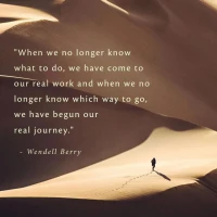 We are born, our real work known,purpose of life’s journey clear.
Forgotten in childhood…we
learn to manage our bodies
learn how things in the world work.
Forgotten in adolescence…we focus outward on relationships
focus on others’ expectations.
Forgotten in early adulthood…we
build knowledge, skills, compassion
build a living, a family, a life.
Forgotten until we wake up…we ponder our life’s purpose and journey.
Then, a new we go back, 
back through our memories,
back to before language,
when sensation was real,
back until we 
remember.
Then the real work begins.配圖