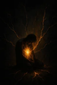 He no longer searched for rescue.
He no longer called for anyone.
There had been too many attempts — to be strong, to be right, to be light.
And when everything collapsed,
he just froze.
Alone.
Inside himself.
In a darkness that wouldn’t let go.
It wasn’t enlightenment.
It was a fall.
With pain, tears, and the realization:
he was trapped.
And there was no way out.
He didn’t know how long he stayed like that — curled around his own shadow.
But at some point,
from his chest,
from the deepest part of him,
a light broke through.
Not like a burst.
But like a crack.
Like a faint whisper
that said:
You are here. And that is enough.
That’s how the return began.
That’s how the core began to reconnect.
Not for all. Not instantly.
But for him —
this was the beginning of home.
他不再尋求救援。
他不再呼喚任何人。
曾經有過太多的嘗試——要堅強，要正確，要輕浮。
當一切都崩塌了，
他愣住了。
一個人。
他內心。
在一個不肯放手的黑暗中。
那不是啟蒙。
那是一次摔倒。
帶著痛苦、淚水，以及意識到:
他被困住了。
而且沒有出路。
他不知道自己這樣呆了多久——蜷縮在自己的影子周圍。
但在某個時候，
從他的胸部，
從他內心深處，
一道光穿透了。
不像突發事件。
但就像裂縫一樣。
像微弱的低語
上面寫著:
你在這里。這就夠了配圖