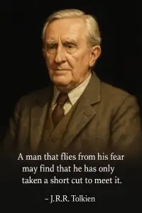“A man that flies from his fear may find that he has only taken a short cut to meet it.” – J.R.R. Tolkien
Tolkien shows that avoiding fear is futile. Running often leads us right back to what we dread. Face it, or it finds you.
“一个从恐惧中逃避的人可能发现，他只不过是用了一条捷径去面对它。”——J.R.R. 托尔金
托尔金表明，逃避恐惧是徒劳的。逃避往往只会让我们回到我们恐惧的事物面前。直面它，否则它就会找到你。配图