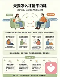 夫妻间怎样才能不内耗呢?
       夫妻减少内耗，核心是停止试图改变对方，分清边界与责任。
      不要总纠结谁对谁错，争吵时先暂停，避免翻旧账、预判对方恶意。沟通只表达自己感受，不用指责式语言。接纳彼此差异，允许对方和自己想法不同，放下完美伴侣期待。
        减少反复猜测对方心思，有疑问就温和确认。建立简单共识，重大事情一起商量，小事适度包容。各自保留独立空间，不要把全部情绪寄托在对方身上。
       如果矛盾反复拉扯，可以约定冷静规则，及时寻求婚姻咨询。内耗大多源于过度期待与边界不清，守住自我，也尊重对方，冲突才会慢慢减轻。