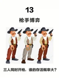 槍手博弈（truel）是指三人之間的決斗，即三人持槍互相射擊，每個人都想在決斗中最終生存下來，是兩人決斗的一種擴展。配圖
