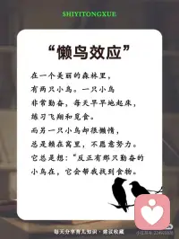 懒鸟效应源自寓言故事：两只初始条件相同的鸟，一只勤奋练习飞行和觅食，另一只依赖同伴投喂且疏于锻炼。当森林大火突发时，勤奋的鸟凭借能力逃生，懒惰的鸟因飞行能力退化而丧生。这一对比揭示了‌长期懈怠会导致生存能力下降，最终面临无法逆转的后果‌。配图