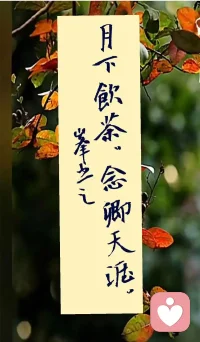 上联，月下饮茶，念卿天涯，
下联，灯前醉酒，思君海角。配图