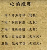 心的維度
一維:非黑即白(我執)
二維:陰陽和諧(無我)
三維:隨緣惜福(無常)
四維:自由自在(無時間)
五維:無處不在(無空間)