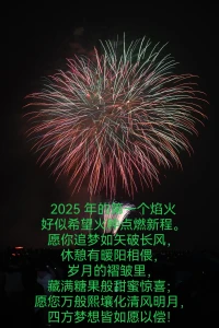2025 年的第一場焰火，
好似希望火種點燃新程。
愿你追夢如矢破長風，
休憩有暖陽相偎，
歲月的褶皺里，
藏滿糖果般甜蜜驚喜；
愿您萬般熙壤化清風明月，
四方夢想皆如愿以償！配圖