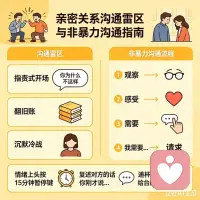 有的亲密关系中，总吵架和冷暴力，很多人以为是不爱了，其实你们的沟通模式出了问题。
我做心理咨询多年，见过九成闹分手的情侣，都踩过这几个沟通雷区：
一开口就是你为什么不这样，把自己受伤，包装成是你的不对。对方要么反击，要么冷战。不解决当下的事，去扯一堆旧账，最后雪球越滚越大，只剩情绪堆积。
一有矛盾就沉默，说随便吧；情绪攒成心里的刺，慢慢只剩隔阂。
今天教你用非暴力沟通解决，核心就四步。先说观察，再讲感受，接着说清需要，最后提具体请求。
情绪上头别硬扛，主动按下15分钟暂停键，别直接玩消失搞冷战。问清楚自己的真实情绪和需求，多谈我的感受，少指责是你的问题。听完对方的话，先复述一遍她说的，确认你懂他，对方火气就直接消一半。
别觉得先低头就是输，递杯水给个台阶，先开口的人更珍惜这段关系。好的感情不是不吵架，是别把伴侣当敌人，你们本来就是队友。有什么问题可以找我沟通，有什么想说的，也可以留言讨论。
