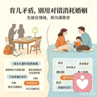 很多夫妻因为孩子而吵架，吵到想要离婚。这事的根源根本不是孩子的事。是我们习惯复刻自己的原生家庭模式：小时候我妈就是这么带我的。
对方听来全是不被尊重的信号，时间久了，两人付出感全失衡：你觉得你天天忙工作不管娃，他觉得我做家务带娃你还挑理！最后全家庭跟着内耗。
很多人陷在对错争执里：
我是对的，你必须听我的；
吵赢了道理，耗没了感情。
聪明人会选需求沟通模式，先接住对方没说出口的情绪。
今天我们用中立沟通句式。
先讲感受，再提具体需求：
我今天带娃写作业很累，麻烦你晚上给孩子洗个澡。
别翻旧账，也别提谁对谁错。
另两人要先划清统一的育儿底线：
哪些事绝对不能惯着孩子？其余小事各有各的带娃方式。
根本没必要揪着细节吵架，不用逼对方完全跟你同频，先把彼此从育儿的焦虑里捞出来。婚姻才能慢慢回到舒服的状态。
要是还捋不清家里的矛盾，可以来找我聊聊。