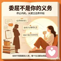 我做心理疗愈这些年，见过太多委屈的女性。
她们从小被教要懂事，要迁就身边人。婚后全部精力扑在家庭，连买杯奶茶都要纠结。丈夫的需求排在第一，孩子的事永远优先。自己的诉求，往后放了又放。时间久了你会发现，没人把你的付出当回事。累到垮掉没人感恩，稍有懈怠还会被指责。你攒了满肚子情绪，连发泄都觉得自己不对。内耗拖垮你的状态，关系也慢慢失衡。
想跳出这个循环，其实不难。
第一步，先试着敢说不，不想帮的忙直接婉拒。
第二步，每周留半天时间，完全只做自己喜欢的事。
第三步，把“我需要什么”，挂在嘴边不用不好意思。
自己的边界感不是自私，是你给自己留的保护罩。你不用靠无底线牺牲换认可。把注意力放回自己身上，你才是人生的主角。当你不再围着别人转，整个生活都会顺起来。
要是怕一开始做不好，可以找我聊聊，后面我慢慢带着你调整。