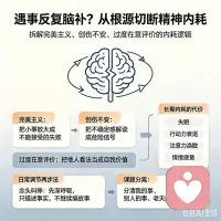 很多人遇事总忍不住反复脑补，
明明事不大，心却累到不行。
我是做心理疗愈的，一般情况有如下三种内耗，今天帮你一一从根上掐断。
第一种内耗，来自完美主义，你总盯着自己认为的没做好的部分，把小瑕疵放大成全盘失败。
第二种，是过往创伤残留的不安，一点相似场景，就触发你预设的坏结局。
第三种，你太在意旁人评价，还没开口，就先在脑子里演完所有差评。
长期这样熬下去，最先垮的是睡眠，躺到床上几小时脑子停不下来，紧接着行动力也会垮，你总在预判困难，还没开始就耗尽了力气。
教你两个随手能用的办法，第一步，是念头叫停，当你发现自己又在瞎想，直接在心里喊停。此类方法有很多，哪怕起身喝口凉白开，把注意力拉回当下。第二步是课题分离，别人怎么看你，那是他的事，你怎么做，才是你的事。别把别人的作业，扛在自己肩上，试过的人，都能慢慢松下来。
更快速更系统的方法，可以找我聊聊。
也欢迎大家留言讨论！