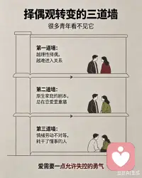 你有没有想过，择偶观的转变，从来不是物理跨越。是从外部条件对齐，转向内在联结的认知跃迁。这中间隔着三道墙，很多青年看不见它。
第一道墙，越理性择偶，越难进入关系。
我们把KPI、Excel清单，全搬进了恋爱里。本质是用确定性，对抗社会的焦虑。但爱的本质，恰恰是非理性，含混又向未知敞开的。你用项目管理的方式经营感情，会陷入选择悖论。总觉得下一个更好，永远在比对，难落地。理性是筛选的地图，却不是抵达爱的双脚。爱需要一点允许失控的勇气。
第二道墙，原生家庭的剧本，总在恋爱里重播。
童年如何被对待，决定成年后怎么爱人。焦虑型总怕被抛弃，用索取换确认。回避型一感到亲密就想逃，用疏离防御吞噬。很多人以为是在谈恋爱，其实在重复童年伤口。觉察到自己在演哪出旧戏，才是改写剧本的开始。
第三道墙，情绪劳动不对等，耗干了懂事的人。
亲密关系里隐形的剥削，是一方长期当情绪容器。记日程、接负面、先低头，另一方习惯性缺席。
 ~~打破死循环，不靠谁更能忍。要把隐性委屈显性化，用非暴力沟通说清诉求。健康的爱是我累时你托底，你崩溃时我接住。从门当户对到灵魂匹配，远的从来不是标准。是敢不敢放下清单，看见真实的彼此。理性用来避险，但爱，永远发生在算不清的地方。你在感情里踩过哪道墙？