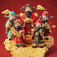 天门开，地门开，五路财神进门来
一赐福，二赐财，赐来金银抱满怀
三赐吉，四赐祥，赐来吉祥放身旁
善门开，笑门开，善因笑果财自来
恭迎五路财神进我家门[合十][合十][合十]配图