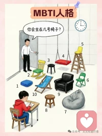 房间里散落着10把风格各异的椅子，有人轻声问：“你会坐在几号？”
不用纠结复杂的测试，凭第一直觉选一把吧～

你是爱安稳的「坐垫党」，还是追自由的「秋千控」？
喜欢角落的宁静，还是中心的热闹？