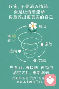 情绪流动的五个阶段
当你开始看到自己的情绪，一切就开始改变
每个人都经历过这样的时刻：
情绪突然涌上来，来得又快又猛。
想控制，却越压越乱。
其实，真正的疗愈从来不是压抑，而是让情绪流动。
当我们看见、接受、释放，再慢慢滋养自己，
就能在清空之后，重新长出力量
情绪流动的五个阶段
1️⃣ 觉察——看到情绪
情绪的第一道门，就是觉察。
当我们能说出“我现在有点烦”“我在生气”“我心里不舒服”，那一刻，就已经从情绪的浪潮里退后半步。
✍️觉察不是压制，而是让意识亮起。
看见情绪的存在，是力量的开始。
2️⃣ 接纳——允许情绪存在
很多人想“快点好起来”，
于是习惯了压下去、装没事、转移注意力。
但真正的接纳，是允许自己此刻的状态。
我现在不太好，但没关系。
这句话，就是最柔软的力量。
3️⃣ 释放——让情绪流动
情绪是能量，堵住就会腐烂，流动才会净化。
哭、写、动、说，都是释放的方式。
不评判，只让它流动。
情绪不是敌人
它只是提醒——哪里还需要被看见。 
4️⃣ 重养——往内填入有营养的东西
当情绪流走后，心里会出现一片空地。
不要急着填满，用温柔的方式滋养它：
读一本书、晒晒太阳、建立新的习惯、
或者重新定义自己想要的生活。
😘清空之后，才有空间长出新的自己。
5️⃣ 成长——回到本来的自己
当我们能温柔地理解情绪、
不再被它牵着走，
那一刻，就是成长。
真正的成长不是变完美，
而是变得稳定、通透、自由。
💕情绪依然会来，但我们已学会与之共处。
那是内心真正的成熟。

重养自己，就是重生
先看到，再接纳，再释放，
清空之后，重新滋养。
找回的，不是“更好”的自己，
而是本来就在的自己。配图