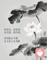 钱看淡，少些执念，多些从容；
命看重，善待自己，不负韶华；
家守稳，留住温暖，守住心安；
情珍惜，不负遇见，感恩相伴。配图
