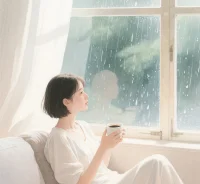 窗外雨落成詩，窗內咖啡暖手，早安，今天適合把心事泡成軟綿的云朵。配圖
